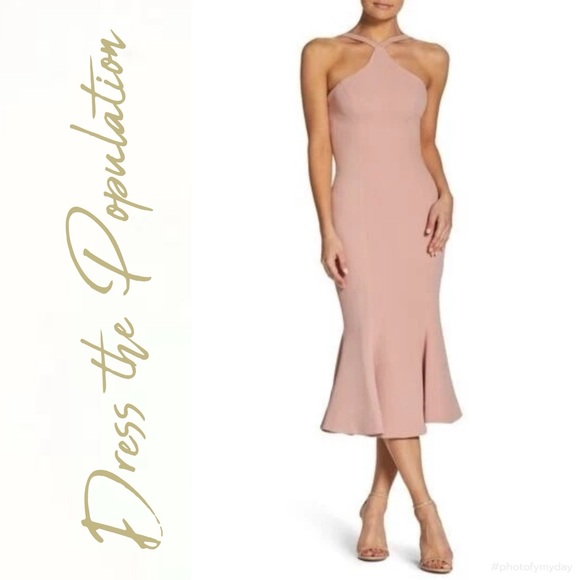 Dress the Population Dresses & Skirts - Dress the Population Tessa Crepe Mermaid Midi Dress in blush Xs wedding guest